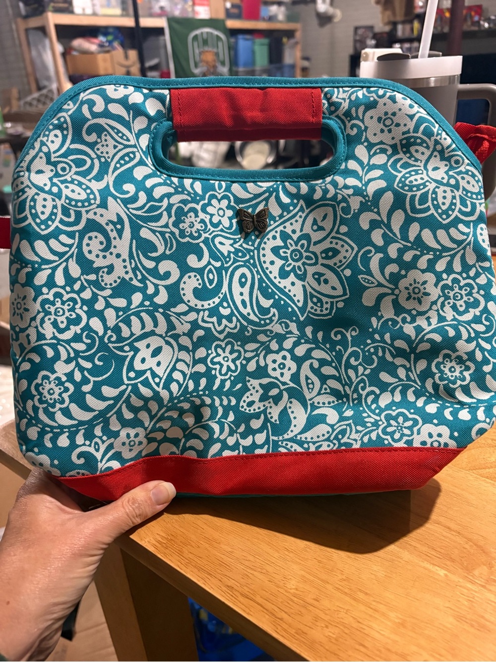 The Pioneer Woman Teal & White Floral Lunch Bag (with zipper close)